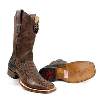 Pair of Los Altos men's black caiman belly square toe western boot sole view  view