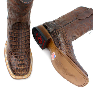 Pair of Los Altos men's black caiman belly square toe western boot top view