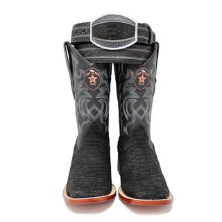 Front view of Los Altos black genuine python cowboy boots with matching belt