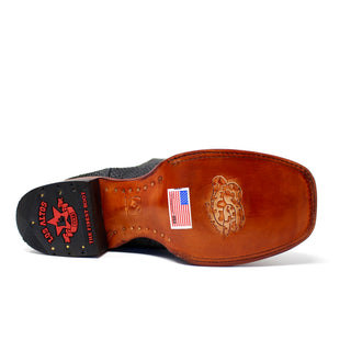 Bottom view of Los Altos black genuine python cowboy boot showing leather sole with snake emblem