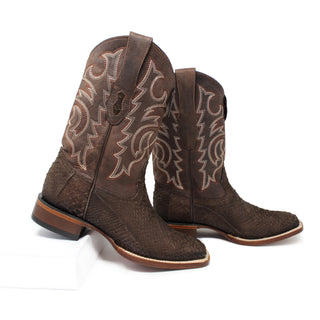 Side view of Los Altos brown python men's cowboy boots with stitched leather shaft