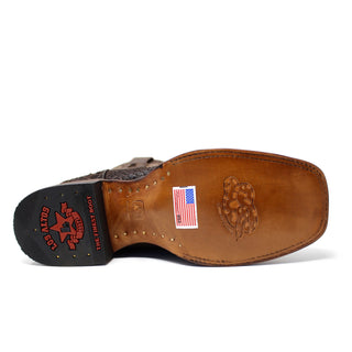 Bottom view of Los Altos brown genuine python cowboy boot showing leather sole with snake emblem