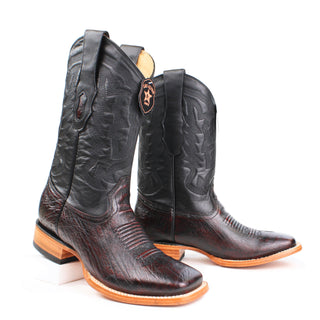 Los Altos Smooth Ostrich Black Cherry Wide Square Rodeo Toe Boots staggered view 