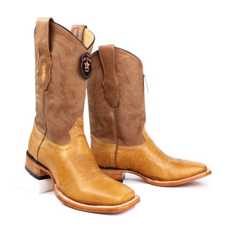 Los Altos Smooth Ostrich Amber Wide Square Rodeo Toe Boots staggered view 