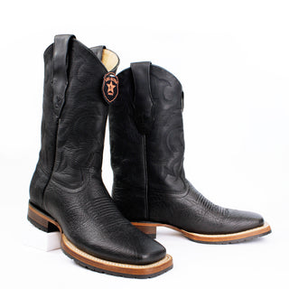 Staggered view of Los Altos black bull shoulder cowboy boots with square toe – men’s Western leather boots