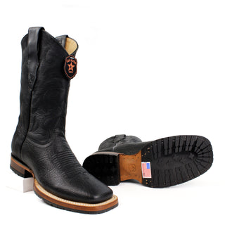 Pair of Los Altos black bull shoulder cowboy boots with square toe – men’s Western leather boots with sole view 