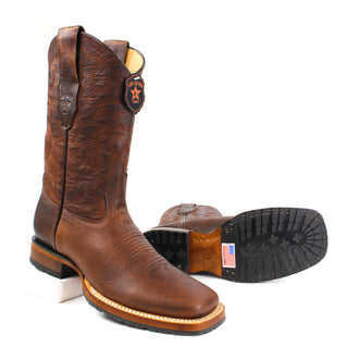 Pair of Los Altos Walnut bull shoulder cowboy boots with square toe – men’s Western leather boots with sole view 