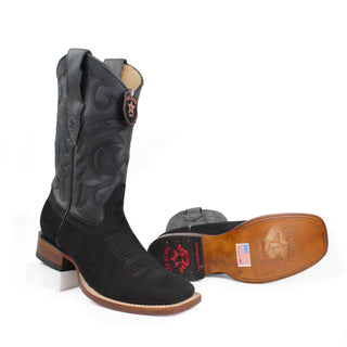 Pair of Los Altos Black Nubuck leather square toe cowboy boots for men with sole view 