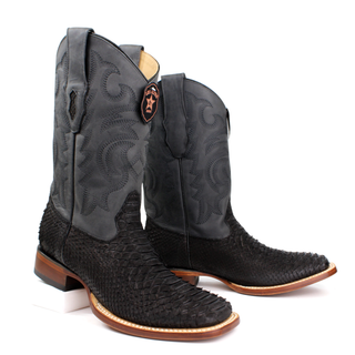 Pair of El General men’s black python square toe western boot Staggered View