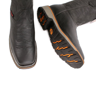 Close up of toe cap and sole of Los Altos men’s black leather square toe Western boot with stitched shaft and rugged sole