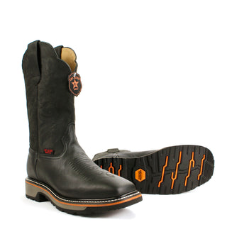 Pair of Los Altos men’s black leather square toe Western boot with stitched shaft and rugged sole