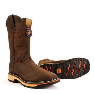 Los Altos men’s tan and chocolate leather square toe Western work boot with stitched shaft and rugged sole