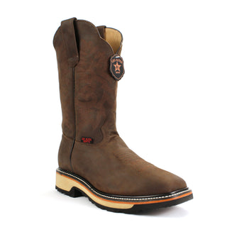 Los Altos men’s brown leather square toe Western work boot with stitched shaft and rugged sole
