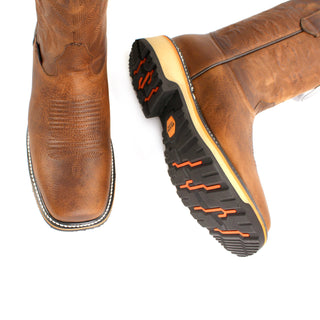 Los Altos men’s Walnut leather square toe Western work boot with stitched shaft and rugged sole Close up of toe cap and sole