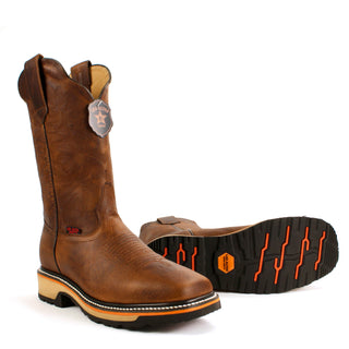 Los Altos men’s Walnut leather square toe Western work boot with stitched shaft and rugged sole 