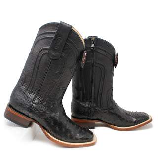 Side angle of Los Altos black ostrich square toe cowboy boots with zipper detail