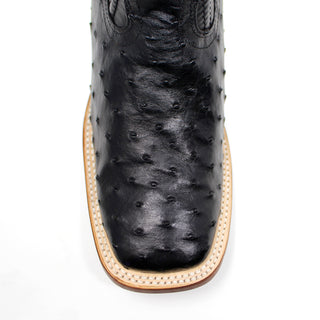 Close-up of full-quill ostrich leather toe on Los Altos black square toe cowboy boot