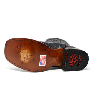 Sole view of Los Altos full-quill ostrich square toe zippered cowboy boot in black with leather outsole