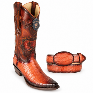 Los Altos Caiman Bely Snip Toe Boots in Faded Cognac with matching belt