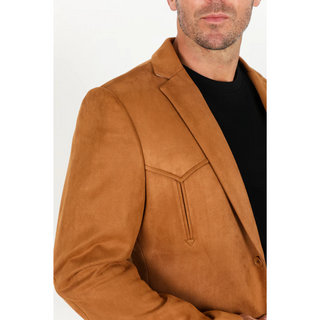 Platini Men's Double Button Faux Suede Blazer- Camel