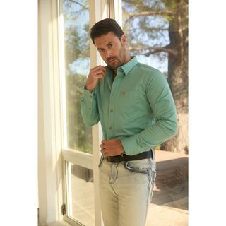 Platini Men's Single Pocket Logo Modern Fit Stretch Dress Shirt - Turquoise