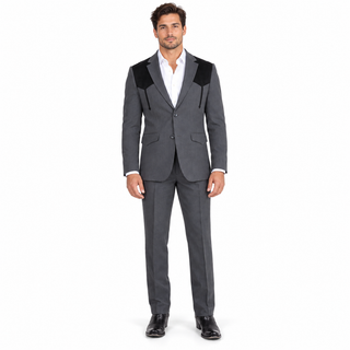 Platini Men's Western Suit with Suede Yoke- Charcoal