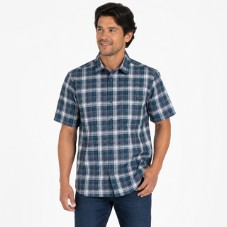 Wolverine men’s blue plaid short sleeve button-up work shirt with dual chest pockets