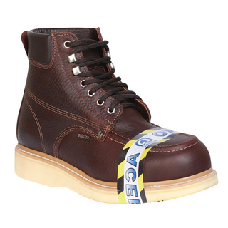 Brown leather boot with a visible brand label 
