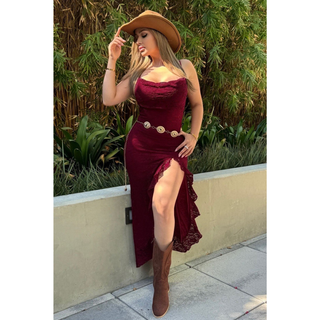  burgundy lace western maxi dress with slit and tan cowboy hat