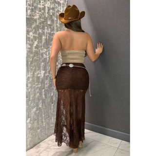 Back view of Brown high-waisted ruched lace skirt with sheer floral detailing and a long mesh overlay