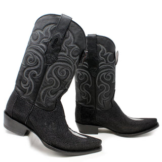 Side profile of Los Altos Single Stone Stingray Snip Toe Boots with detailed stitched leather shafts.