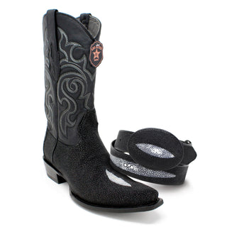 Los Altos Single Stone Stingray Snip Toe Boot in Black shown with matching black stingray belt.