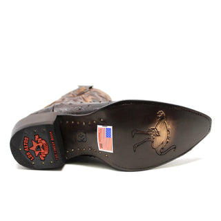Bottom view of Los Altos brown ostrich snip toe cowboy boot showing leather outsole and ostrich embossing.