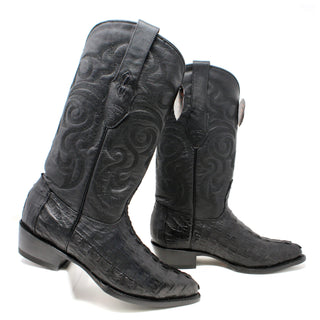 Side view of the Los Altos Caiman Tail J Toe Cowboy Boots in black showing detailed stitching and exotic leather.