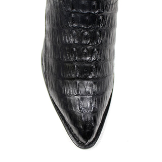 Close-up of the black caiman tail leather vamp on the Los Altos J Toe Cowboy Boot