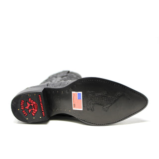 Bottom view of Los Altos Caiman Tail J Toe Cowboy Boot in black showing leather sole with embossed caiman design.