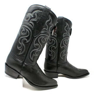 Side angle view of the Los Altos Goat J Toe Cowboy Boots in black showing the embroidered shaft and leather construction.