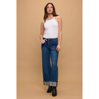 Vintage Mid-rise Tummy Control Relaxed Flare Center Seam Dark Wash Jeans