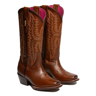 Pair of Rio Grande Agata cowgirl boots with pink interior lining and rodeo toe