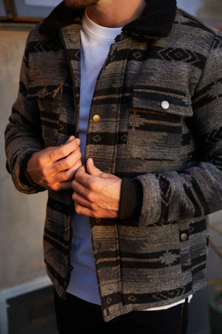 Men's Ethnic Aztec Quilted Fur Lined Jacket - Black
