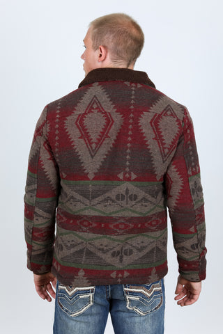 Men's Ethnic Aztec Quilted W/ Faux Fur Lined Jacket - Burgundy
