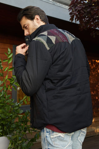 Men's Ethnic Aztec Quilted W/ Faux Fur Lined Twill Jacket - Black