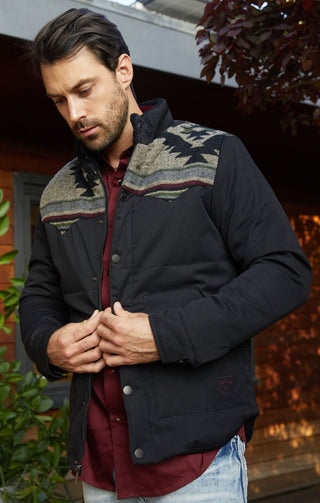 Men's Ethnic Aztec Quilted W/ Faux Fur Lined Twill Jacket - Black