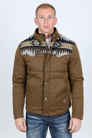 Men's Ethnic Aztec Quilted W/ Faux Fur Lined Twill Jacket - Khaki