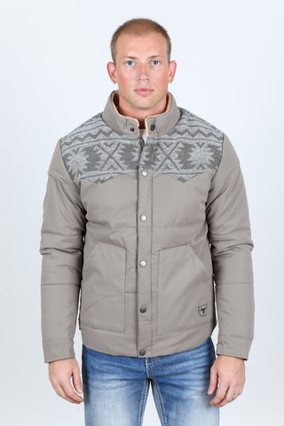 Men's Ethnic Aztec Quilted W/ Faux Fur Lined Twill Jacket - Light Grey