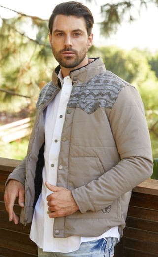 Men's Ethnic Aztec Quilted Fur Lined Twill Jacket - Light Grey