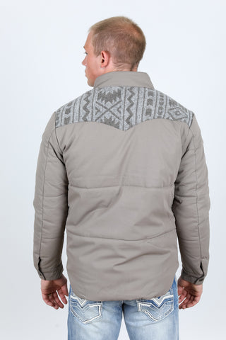 Men's Ethnic Aztec Quilted Fur Lined Twill Jacket - Light Grey