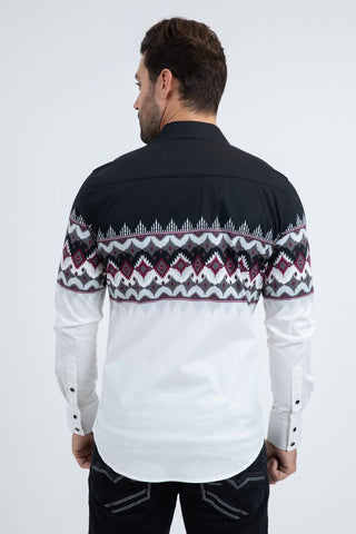  long-sleeve button-down shirt features a crisp white base accented with a panoramic pattern, offering a fresh and sophisticated look