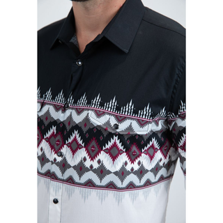  long-sleeve button-down shirt features a crisp white base accented with a panoramic pattern, offering a fresh and sophisticated look