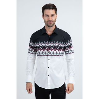  long-sleeve button-down shirt features a crisp white base accented with a panoramic pattern, offering a fresh and sophisticated look